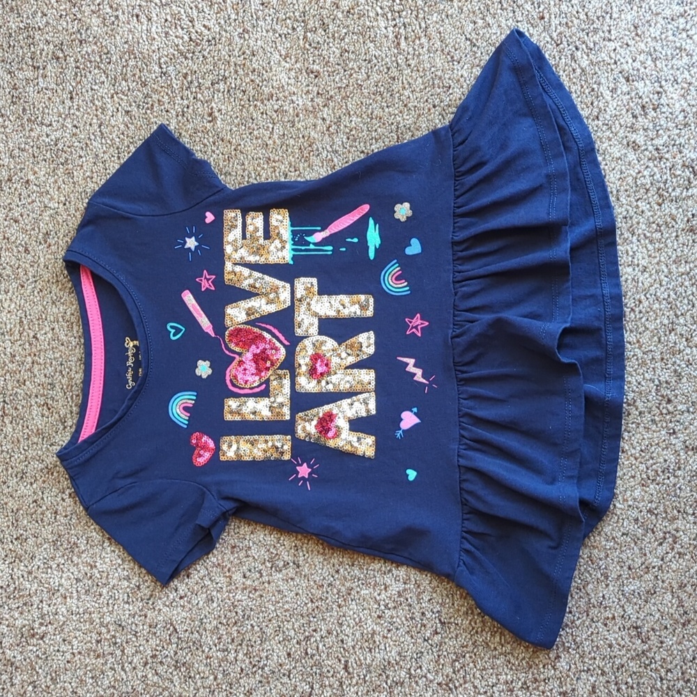 Cynthia Rowley Girl's Navy I Love Art Gold Pink Sequins Peplum Hem Tee Size XS 4